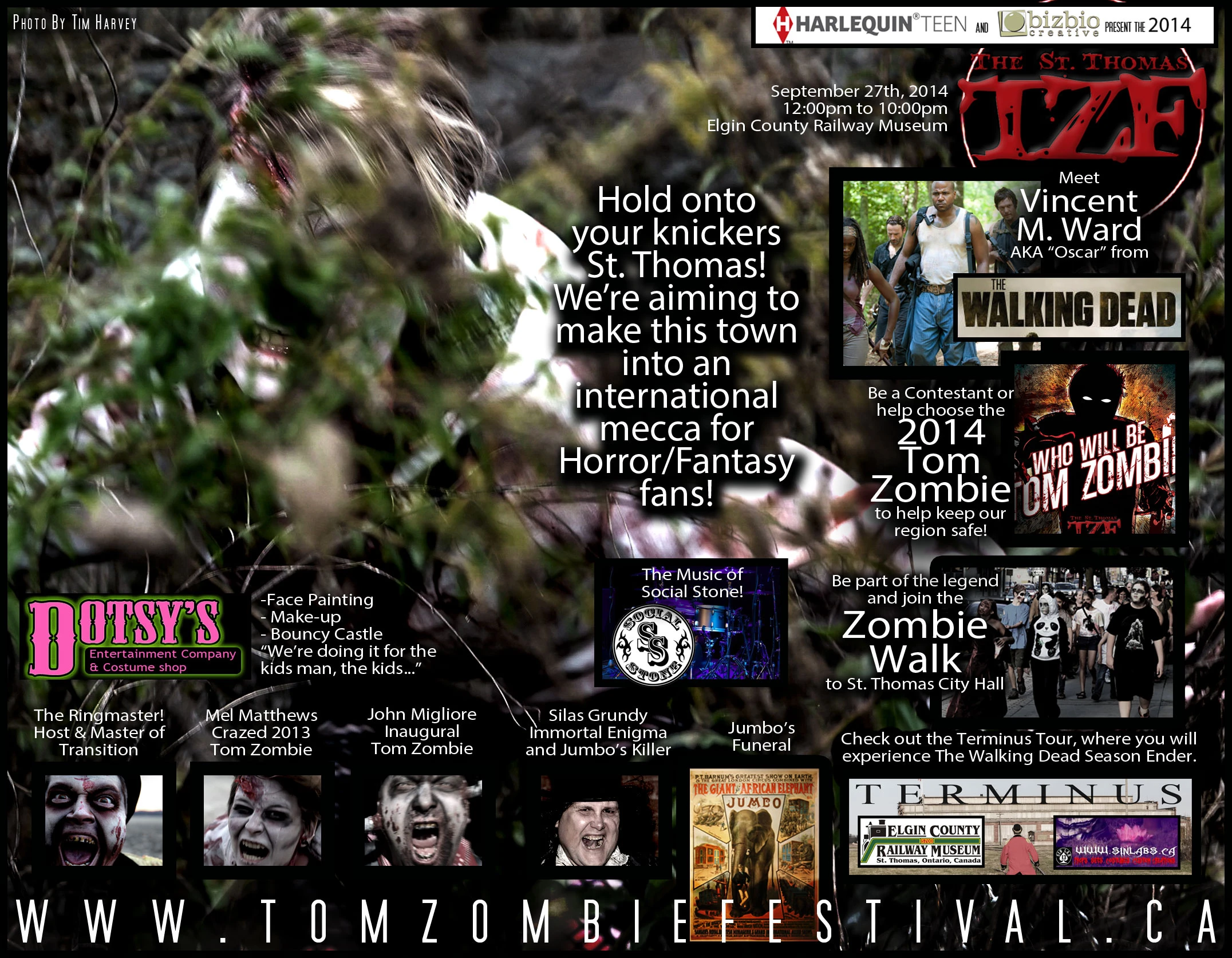 A promotional poster for the Tom Zombie Festival features a blurry, pale face with red eyes and bared teeth partially obscured by green foliage in the foreground, with various text blocks and smaller images advertising events and guests, including a group of people walking down a street, a drum set, and several portraits of individuals in zombie makeup.