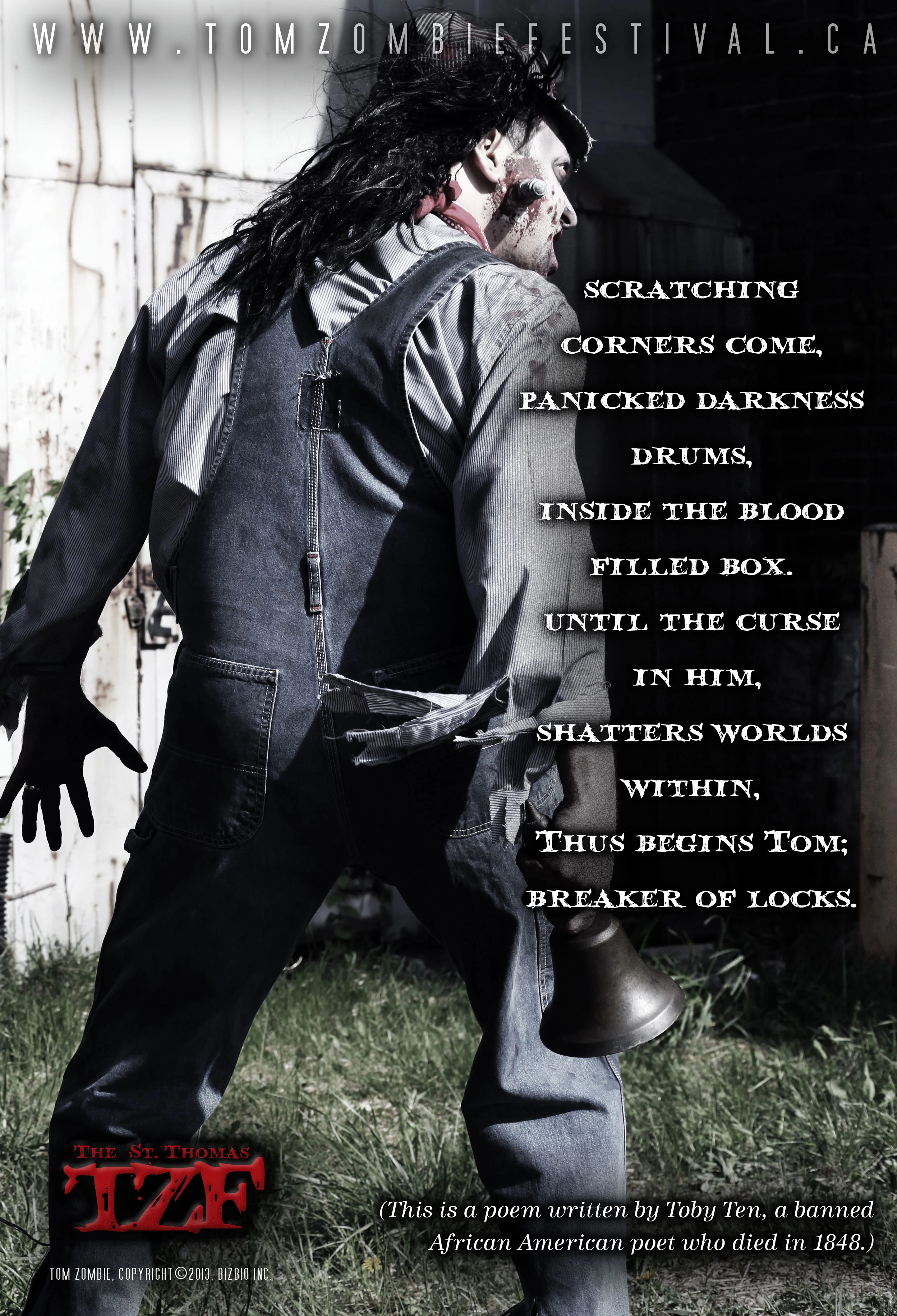 A person in zombie makeup and costume, wearing a striped shirt and denim overalls, stands on grass next to a white corrugated metal wall, with a bell hanging from their right hip and text overlaid on the right side of the image.