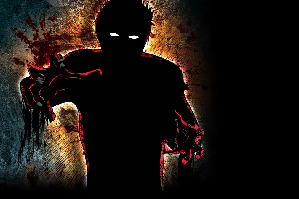 A dark silhouette of a person with glowing white eyes and red outlines is reaching forward with one hand, set against a textured background with red splatters and a dark right side.
