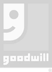 The Goodwill logo features a stylized lowercase 'g' that also resembles a smiling face, with a black dot for an eye and a curved line for a smile within a larger dark gray rectangle, and the word "goodwill" in lowercase letters below it, with a registered trademark symbol in the bottom right corner.