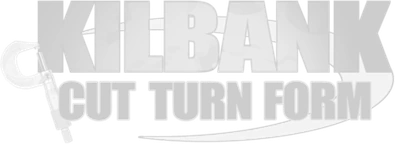 A logo features the word "KILBANK" in large, stylized grey letters with a black outline, positioned above the words "CUT TURN FORM" in solid black, bold letters, with a grey curved line underneath the lower text and a silver micrometer partially obscuring the left side of the "K" in "KILBANK".