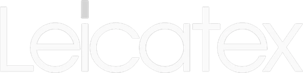 The main subject is the word "Leicatex" in a sans-serif font, with the dot of the 'i' being a solid gray rectangle.