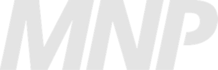 The main subject is the word "MNP" in a bold, sans-serif, dark gray font, angled upwards from left to right.