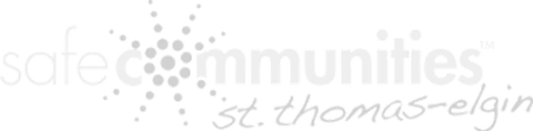 The logo for "safe communities st. thomas-elgin" features the word "safe" in light gray, followed by a dark gray "c" made of dots that radiate outwards, then "ommunities" in dark gray with a small "TM" symbol, and "st. thomas-elgin" in a handwritten-style font below.