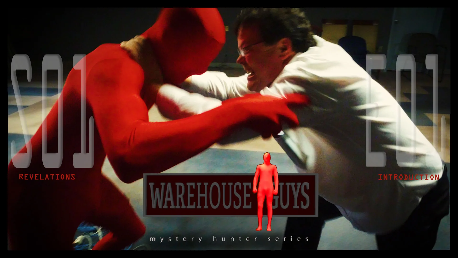The show's own face. The finished series title card — the raider in the red suit, overlaid REVELATIONS · INTRODUCTION · mystery hunter series.