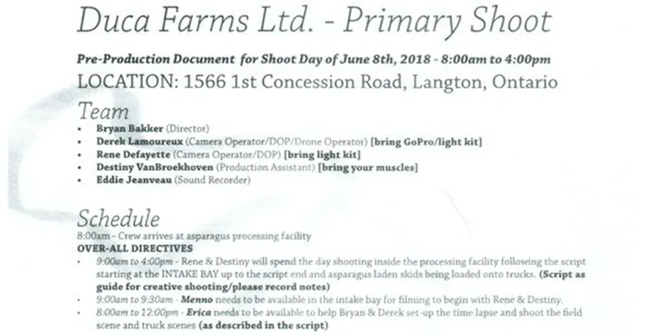 DUCA Farms pre-production planning snippet