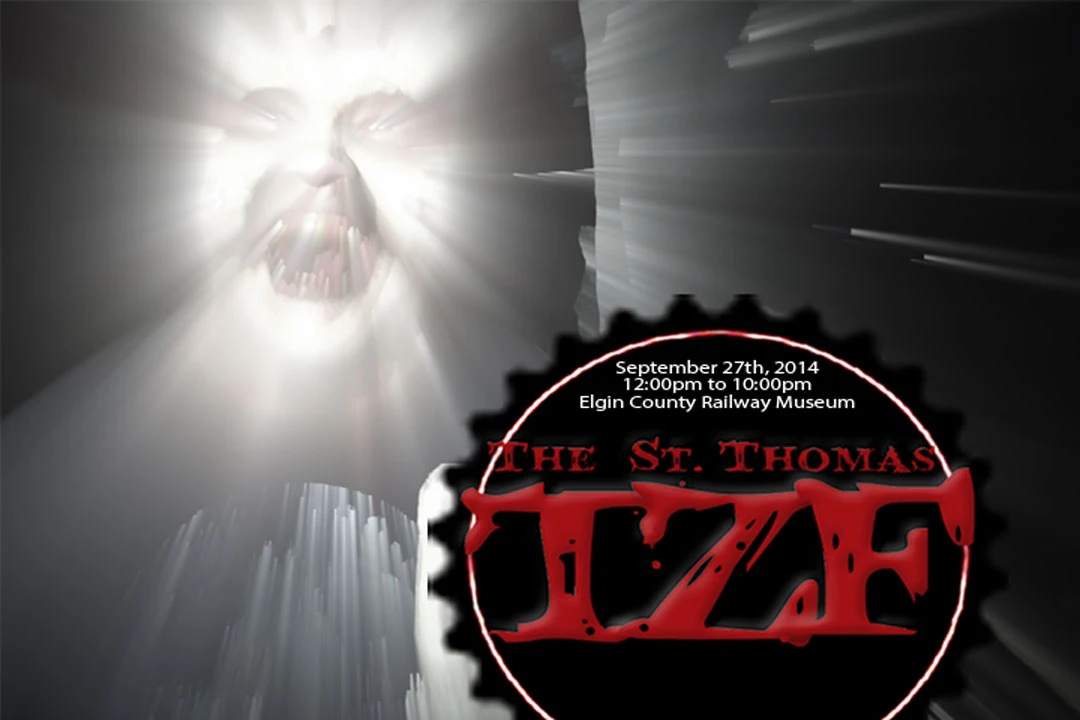 A bright, glowing, ghostly face with an open mouth and visible teeth is depicted on the left, emitting rays of light, while a black circular emblem with a red outline and red text is on the right, set against a dark background with white streaks.